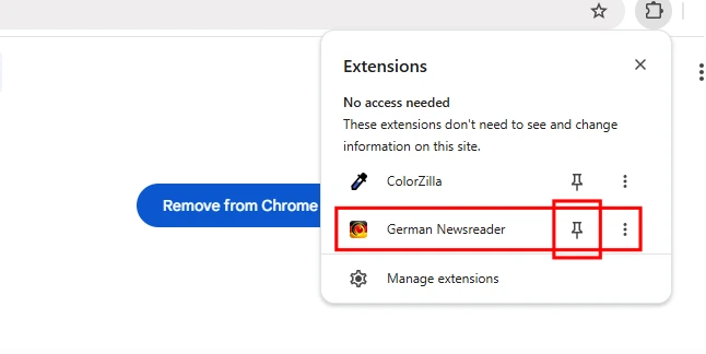 Pin German Newsreader in Chrome toolbar