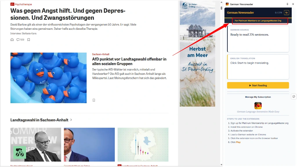 German news article loaded with side panel